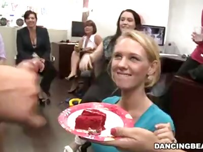 Male stripper finishes off on her slice of cake